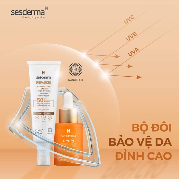 A split-view creative showcasing a sunscreen tube and serum bottle protected by a transparent, glass-like shield against UVA, UVB, and UVC light rays.